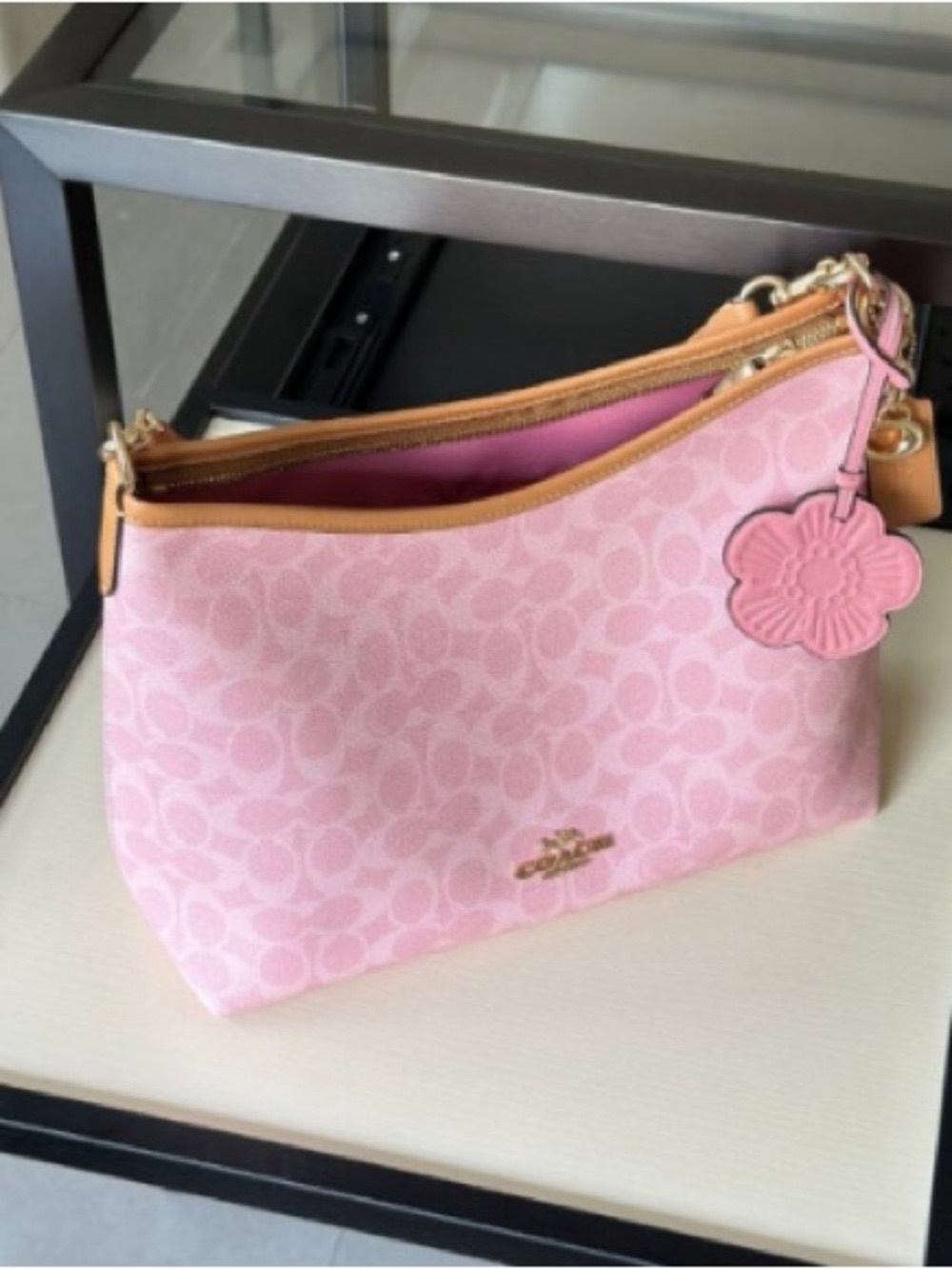 Coach Pink Signature Shoulder Bag with Tan Trim and Floral Charm - Picture 2 of 6